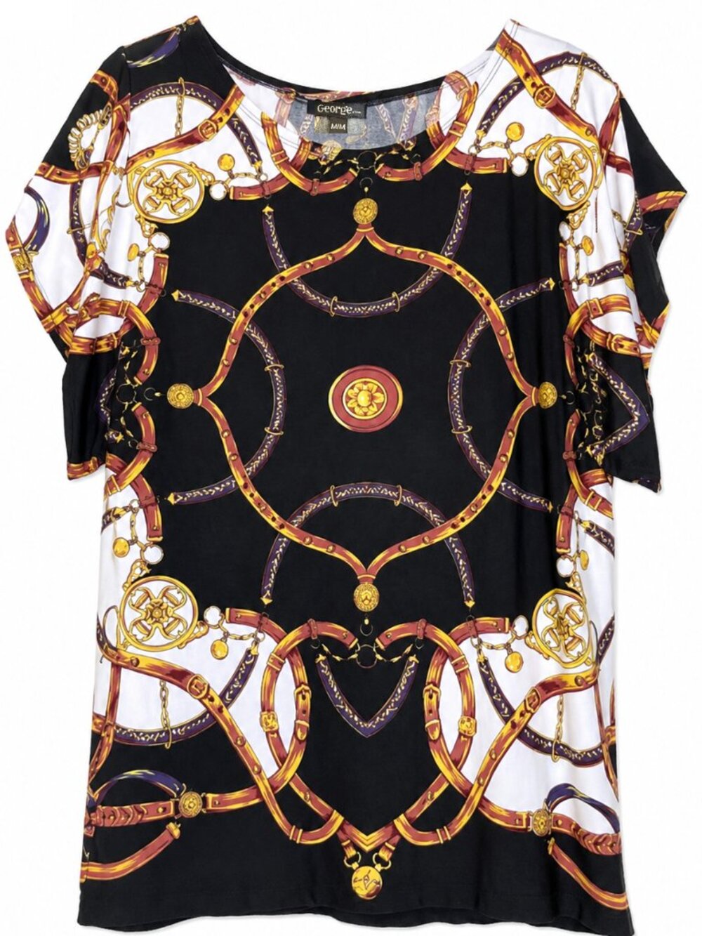 George Tunic Med Black White Gold Chain-Print Dolman Sleeve Stretch Lightweight